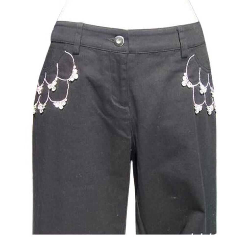 Cache Chunky Rhinestone Pockets Stretch Black Jean Pant Flair Leg New $158 NWT